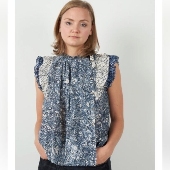 House of Harlow 1960 Blue  Ivory Sleeveless Blouse Sz   S - Picture 1 of 15